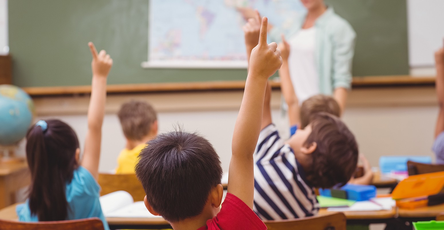 Pupils raising a hand during a geography lesson