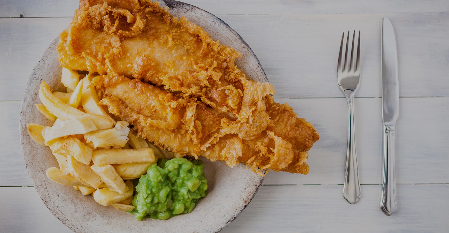 Fish and chips with mushy peas