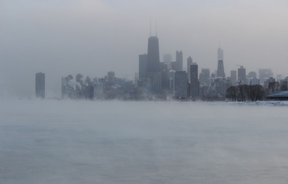 View of Chicago and Lake Michgan during the 2014 Norrth American cold wave