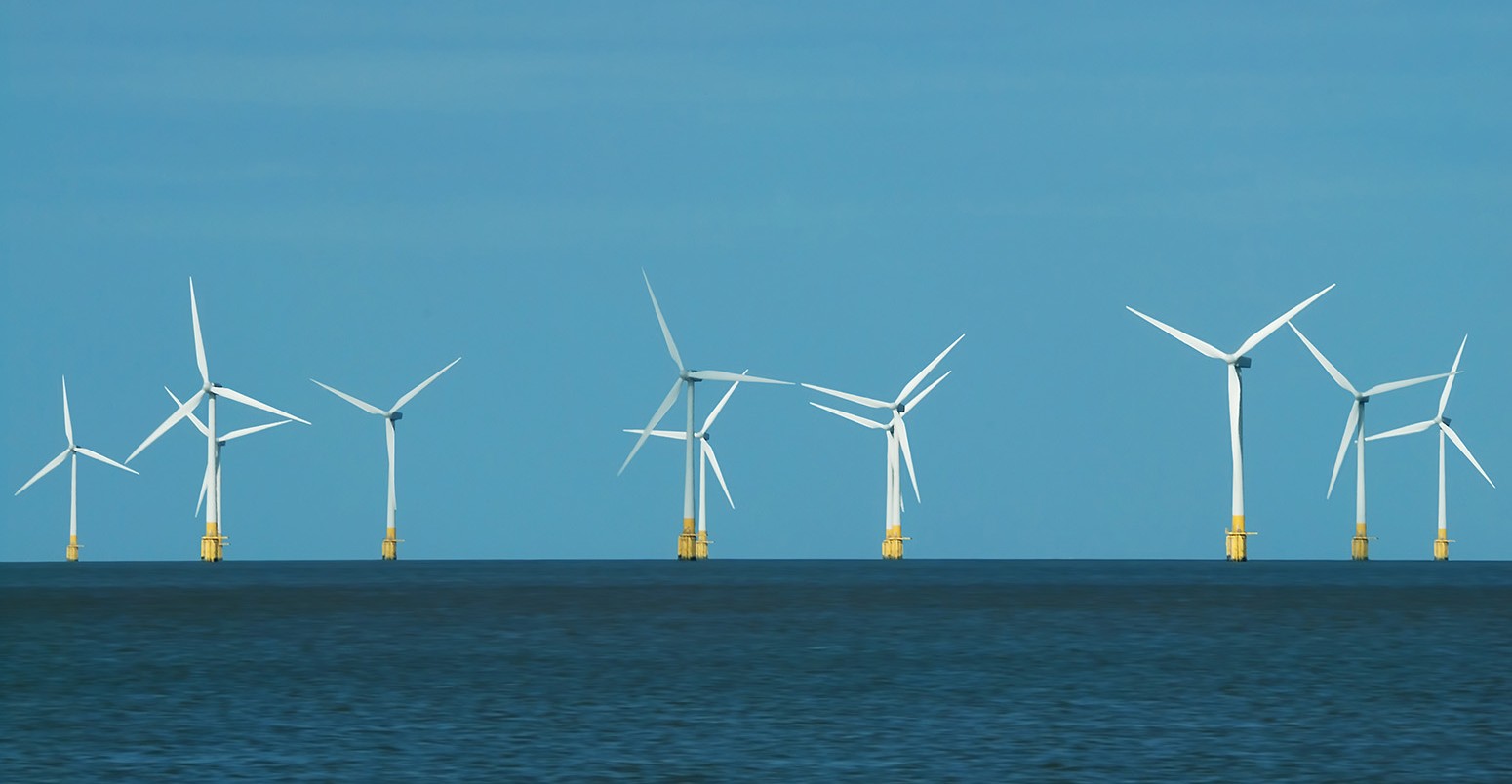 Offshore wind turbines at Scroby Sands, Great Yarmouth, UK.