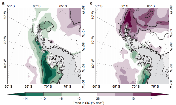 Trend in annual mean sea ice concentration from 1979-1997 (left) and 1999-2014 (right). 