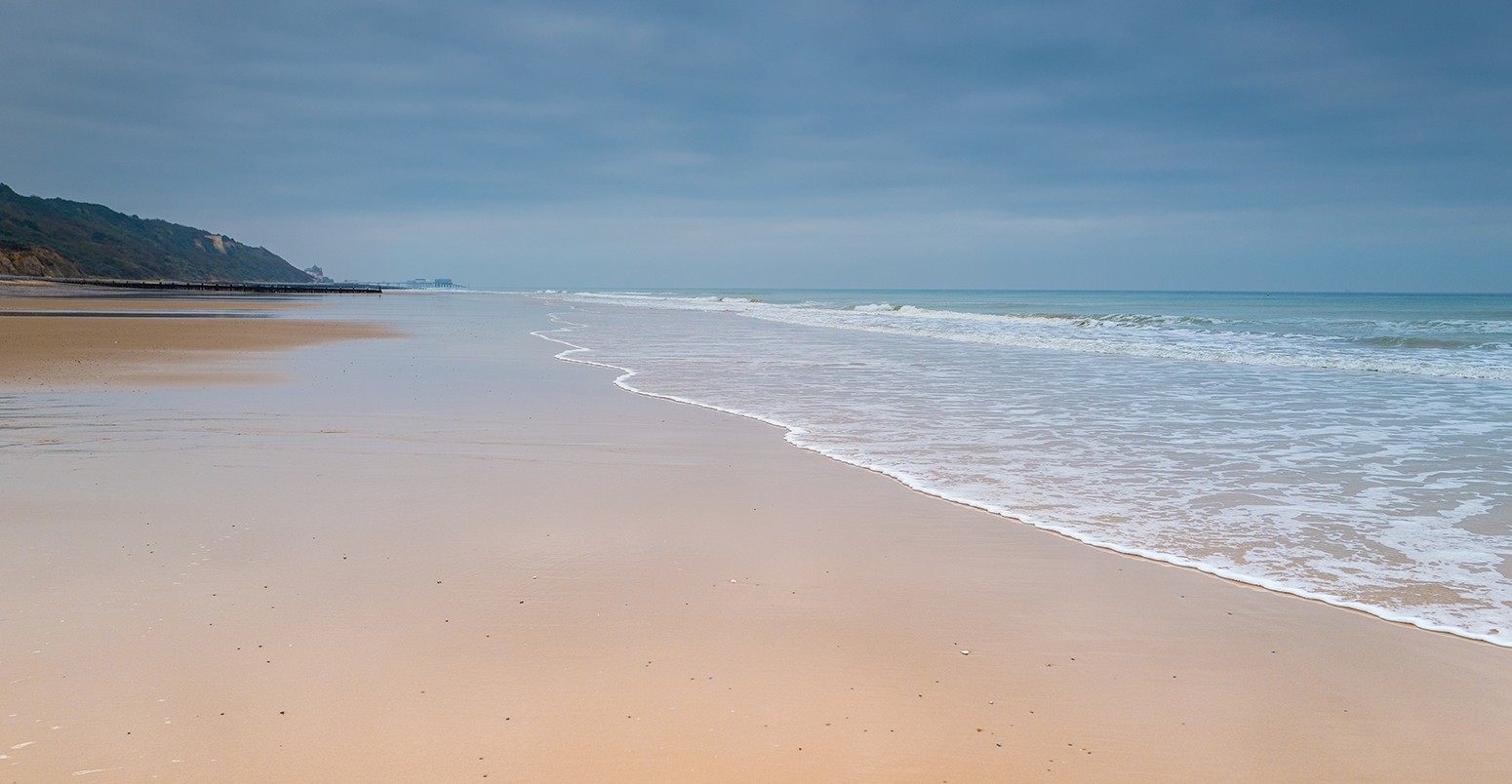 Overstrand beach looking toward Cromer on the North Norfolk coastline, England UK