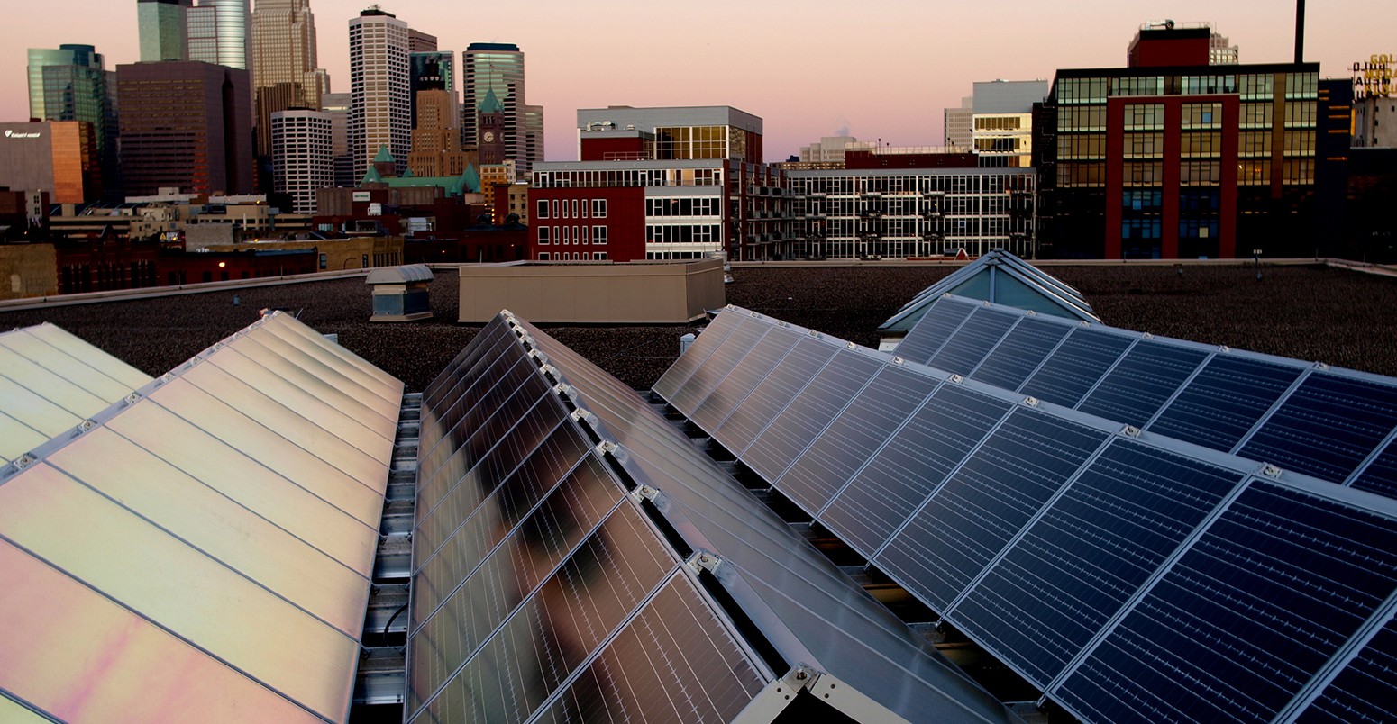 Solar panels on rooftops, Minneapolis