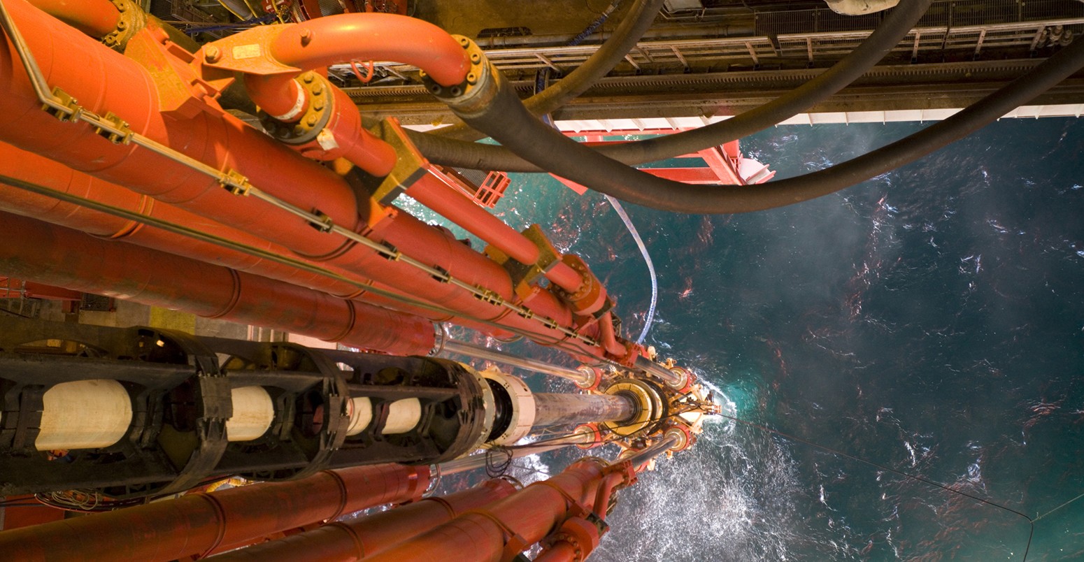 An oil rig riser pipe in the North Sea viewed from above