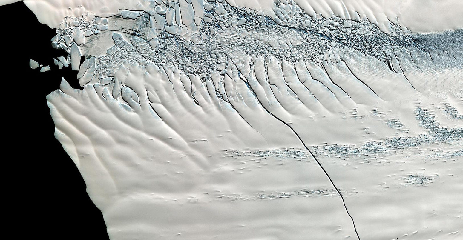 A crack appears across the Pine Island Glacier, a major ice stream that drains the West Antarctic Ice Sheet.