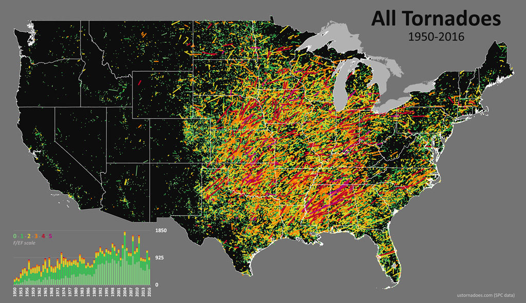 US tornado tracks by <a  data-cke-saved-href="https://en.wikipedia.org/wiki/Fujita_scale">Fujito href="https://en.wikipedia.org/wiki/Fujita_scale">Fujito scale</a> severity (F0-F5) from 1950-2016. Image from <a  data-cke-saved-href="http://www.ustornadoes.com/">usatornadoes.com</a>. href="http://www.ustornadoes.com/">usatornadoes.com</a>.