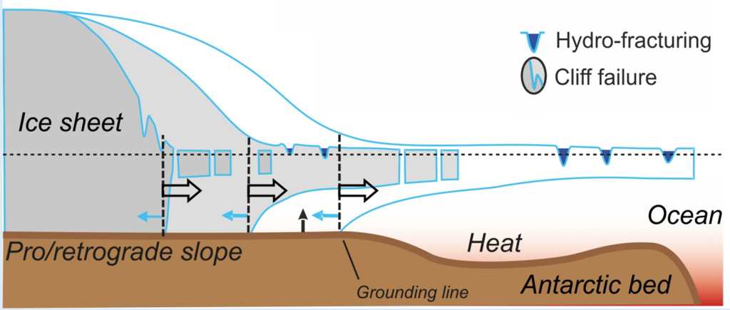 Illustrazione di Marine Ice Cliff Instability. Se la scogliera è abbastanza alta (almeno ~800m di spessore totale del ghiaccio, o circa 100m di ghiaccio sopra la linea di galleggiamento), le sollecitazioni sulla parete della scogliera superano la forza del ghiaccio, e la scogliera cede strutturalmente in ripetuti eventi di distacco. Credito: IPCC SROCC (2019) Fig CB8.1b