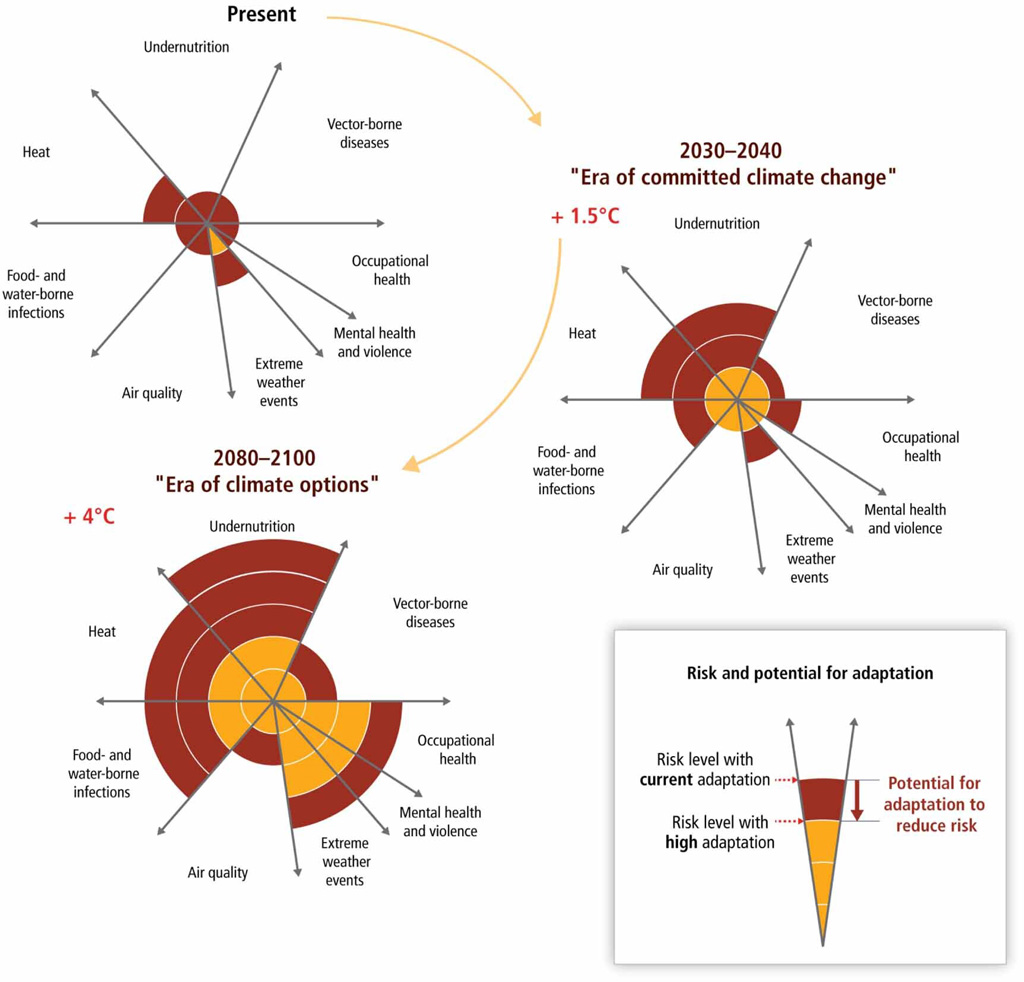 Intuitive graphic presented in the survey. The figure displays health impacts from climate change together with potential for impact reduction through adaptation. Credit: IPCC AR5 WG2 Figure 11-6