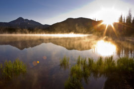 Morning mist at sunrise in Sparks Lake, Central Oregon