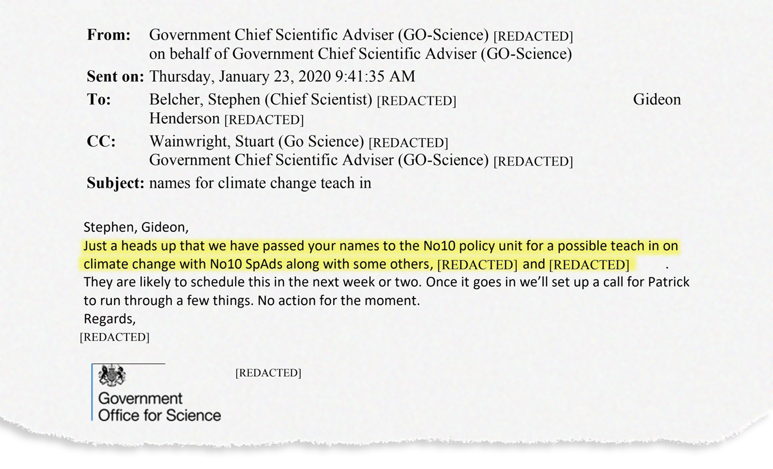 Initial email about No10 teach-in on climate change