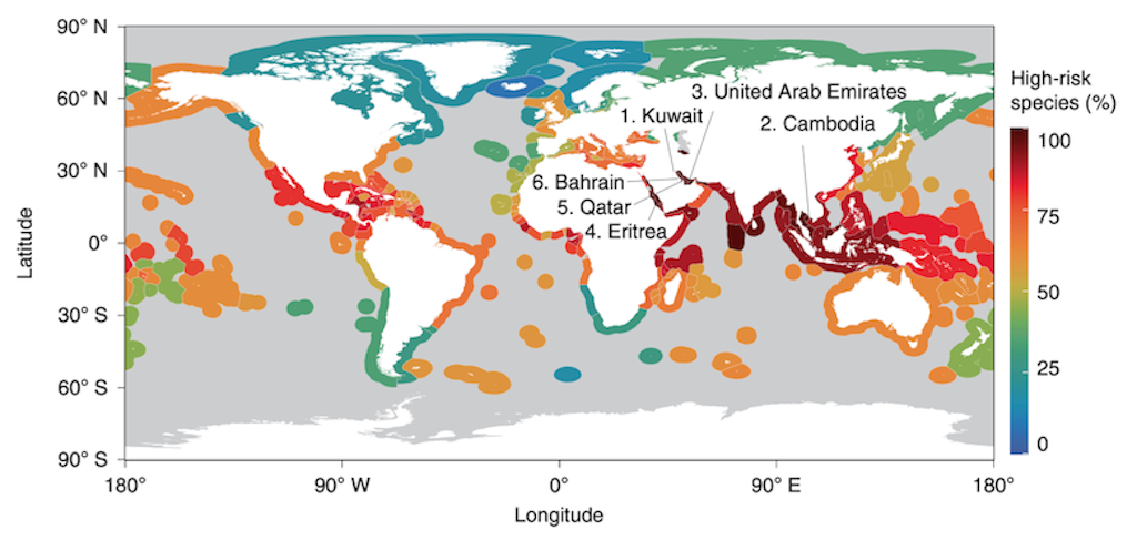 Map showing the proportion of fished species at risk (high or critical) under SSP5-8.5 by 2100.