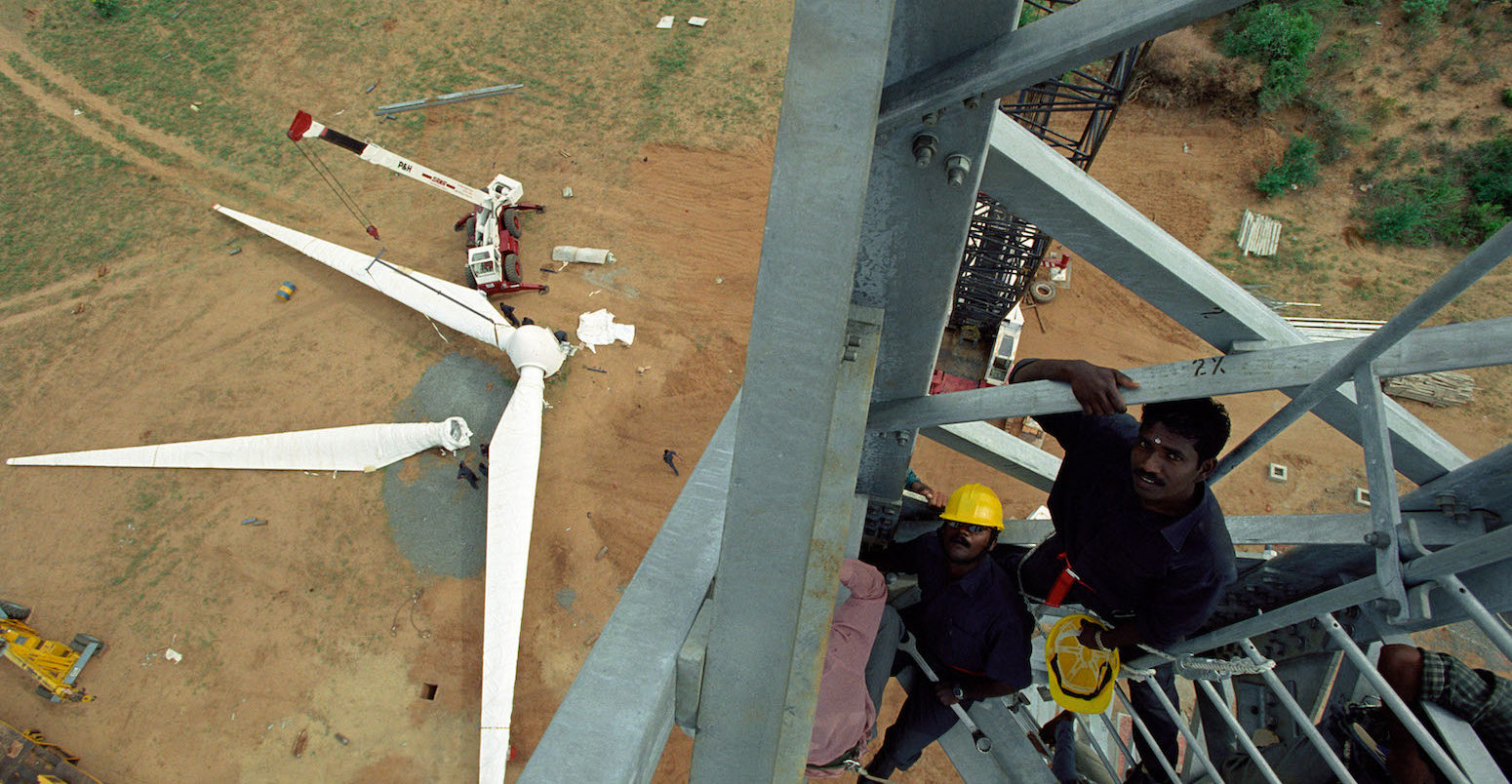 Construction site of wind turbines for power generation, Kanyakumari, India.