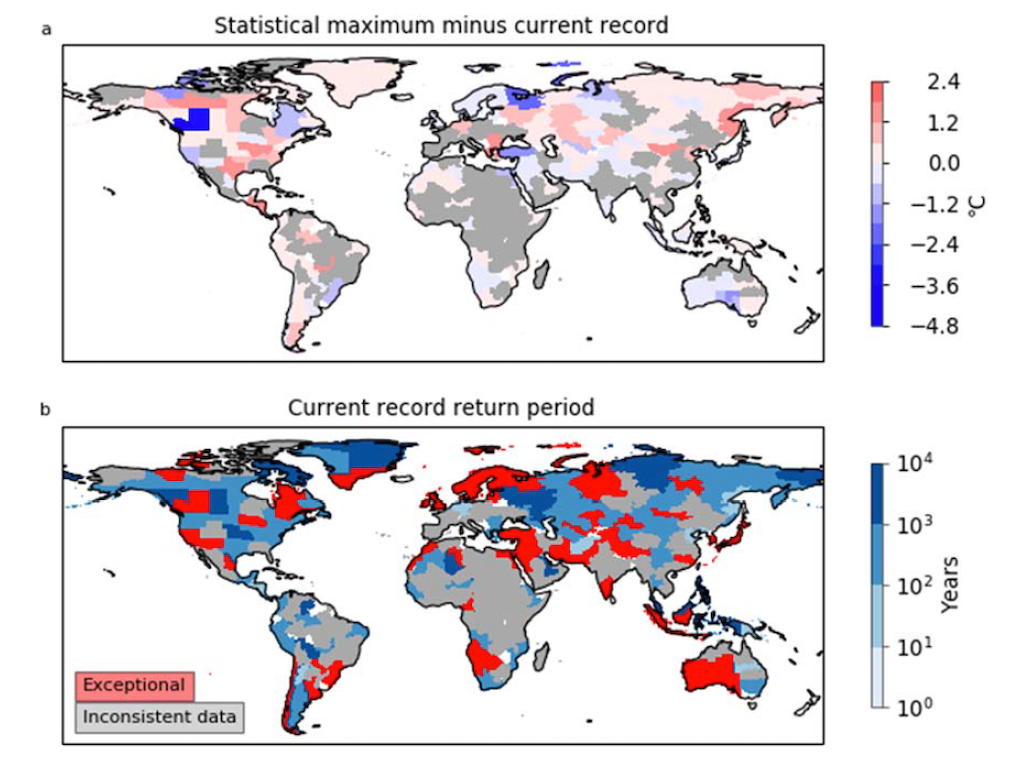 The 1-in-10,000 year temperature minus the current record temperature (top) and return period for each heat record (bottom). 