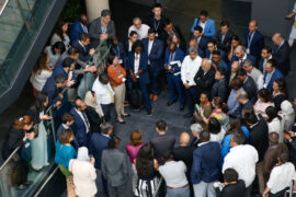 Members of the G-77/China huddle in the corridors as final discussions about the SB agenda take place.