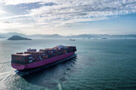 An aerial view of a fully loaded container ship arriving Hong Kong, on 31 March 2022.