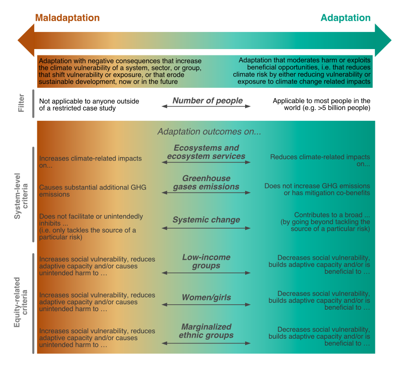 The NAM framework and its six criteria, and the range of outcomes from maladaptation (orange) to successful adaptation (green). 