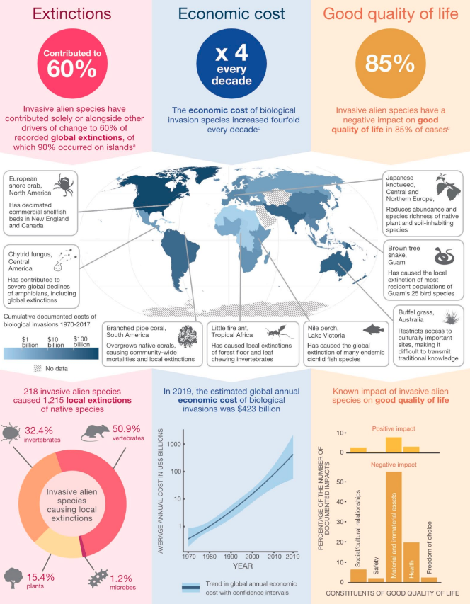 Key statistics around the impacts of invasive alien species on nature, nature’s contributions to people and quality of life. 