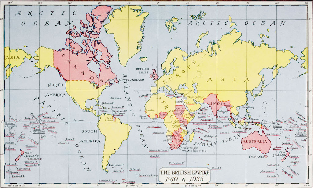 | Map showing the King George V | MR Online's empire, in red, in 1910 and 1935