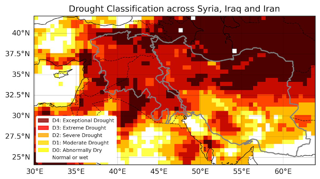 SPEI in the Tigris-Euphrates river basin (left) and Iran (right) between July 2020 and June 2023. Source: WWA (2023)