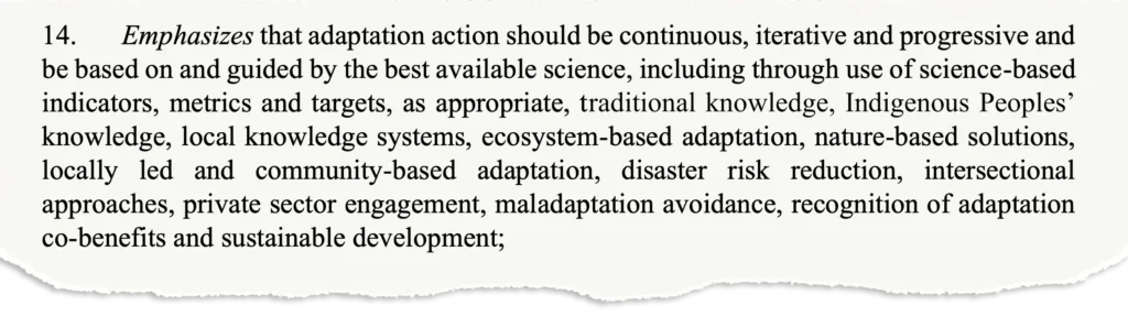 14. Emphasizes that adaptation action should be continuous, iterative and progressive and be based on and guided by the best available science, including through use of science-based indicators, metrics and targets, as appropriate, traditional knowledge, Indigenous Peoples’ knowledge, local knowledge systems, ecosystem-based adaptation, nature-based solutions, locally led and community-based adaptation, disaster risk reduction, intersectional approaches, private sector engagement, maladaptation avoidance, recognition of adaptation co-benefits and sustainable development;