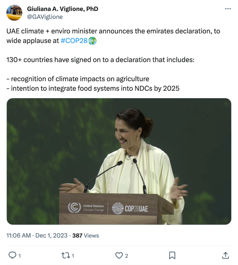 Giuliana A. Viglione, PhD @GAViglione tweet. Text: UAE climate + enviro minister announces the emirates declaration, to wide applause at #COP28. 130+ countries have signed on to a declaration that includes: - recognition of climate impacts on agriculture [and] - intention to integrate food systems into NDCs by 2025.