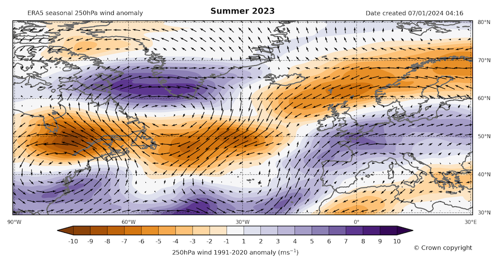 Map showing anomalies (ms-1) in 250hPa wind speed.