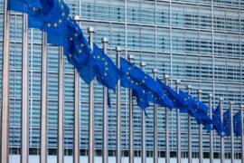 EU flags in front of the the European Commission, Brussels, Belgium.