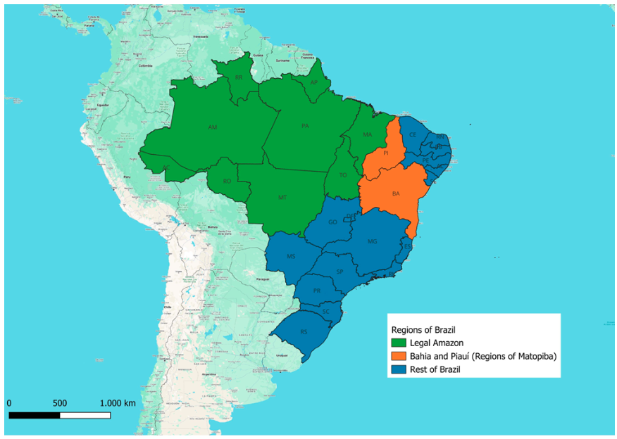 O Brasil está dividido em três regiões: Amazônia Legal (verde), região do Matopipa (laranja) e restante do Brasil (azul).  As bordas pretas indicam a demarcação das fronteiras entre diferentes países.  Note-se que os estados do Maranhão (MA) e Tocantins (TO) pertencem tanto à região da Amazônia legal quanto à região do Matopipa.  Crédito: Dr. Terciani Sabbadini Carvalho