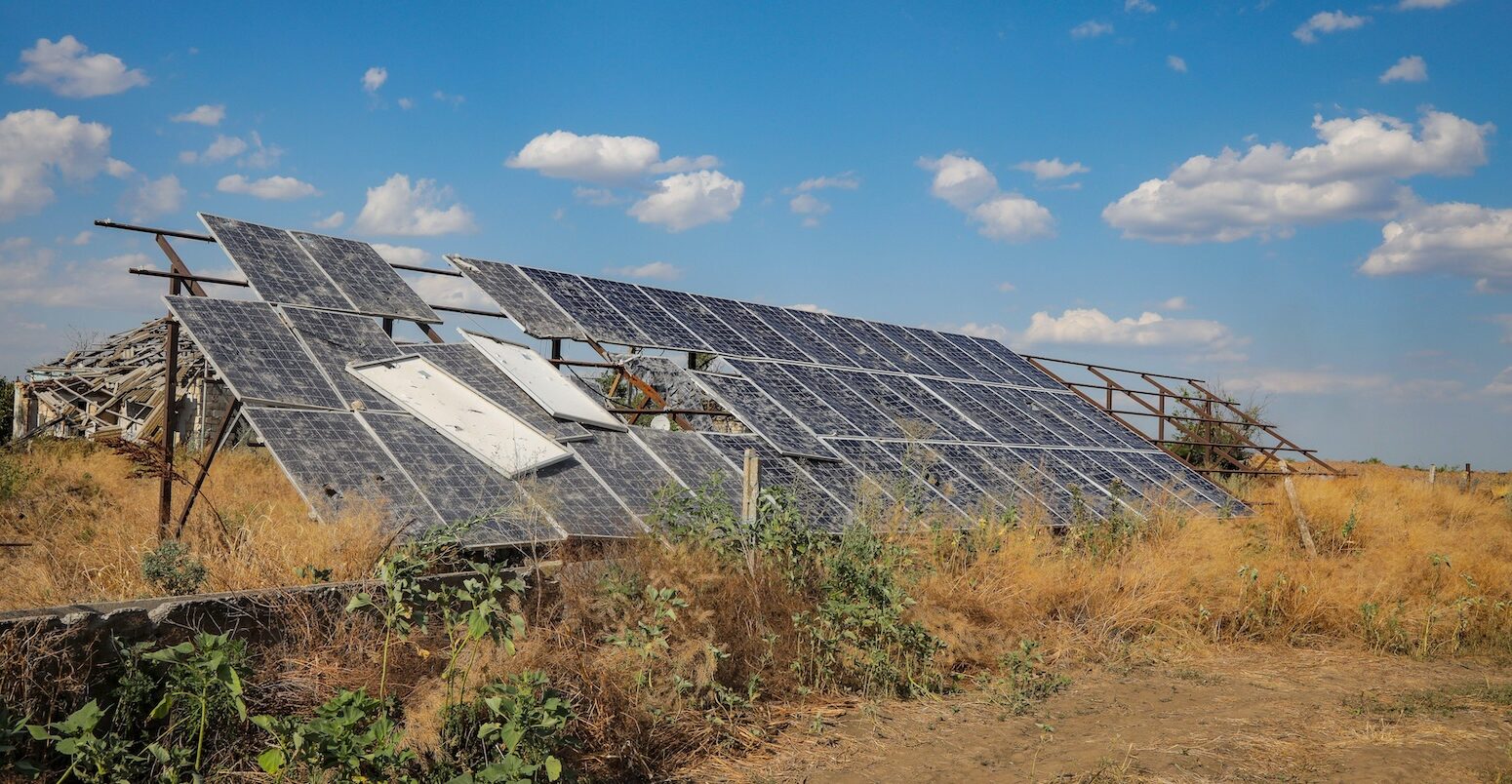 War-damaged solar panels in Blahodatne village, Ukraine.