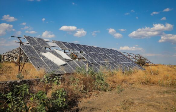 War-damaged solar panels in Blahodatne village, Ukraine.