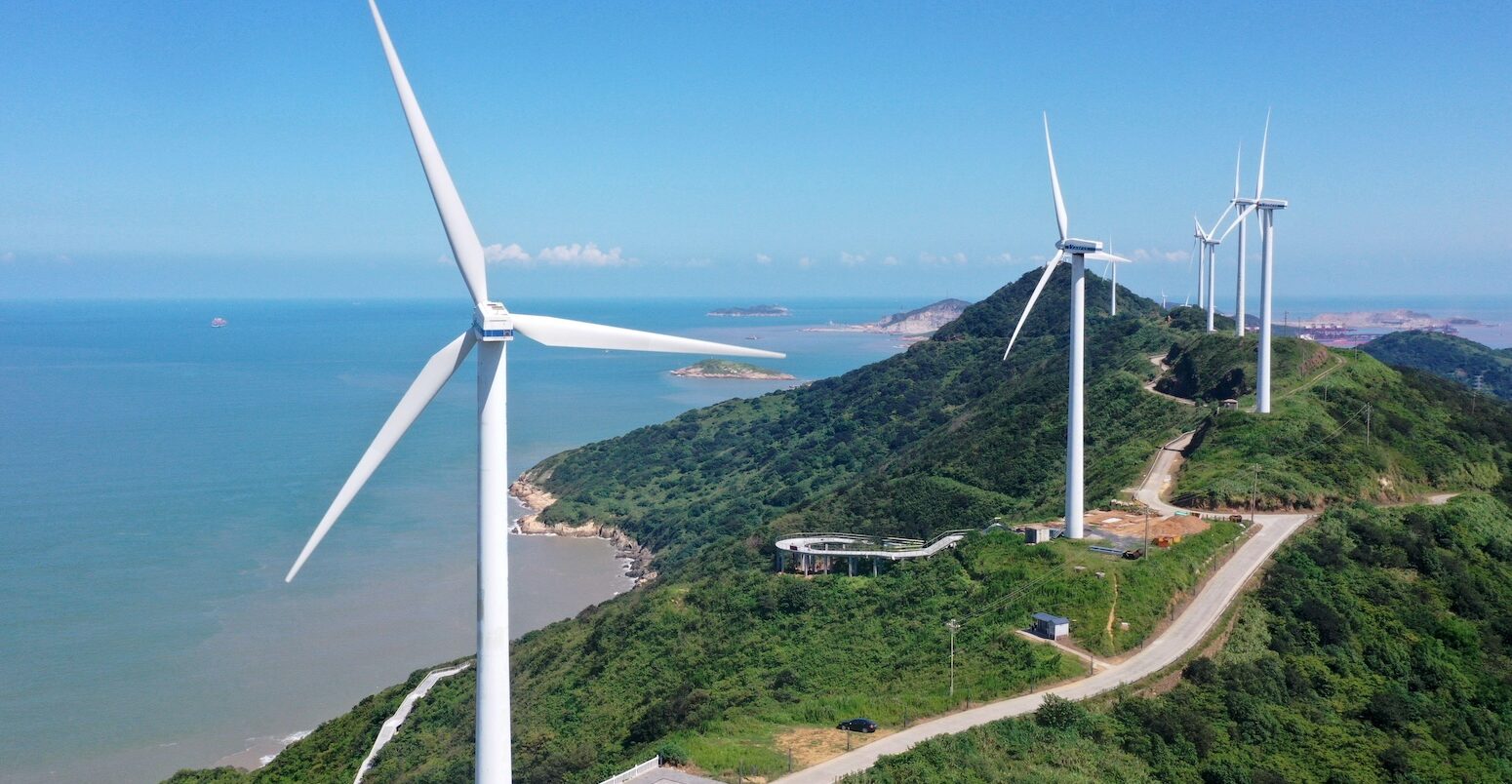 Wind turbines at Qushandao Wind Farm in Zhejiang province, China.