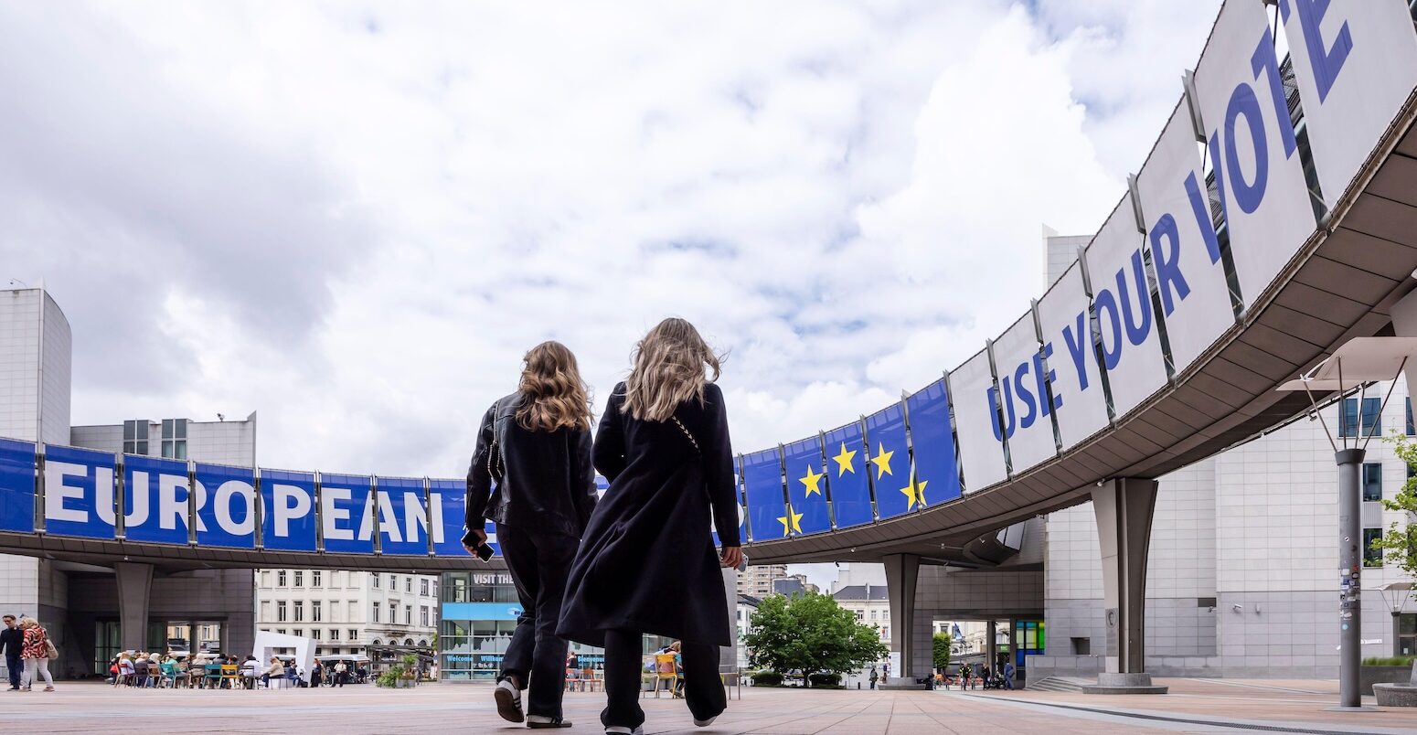 People outside the European Parliament prior to an elections debate, Brussels, 23 May 2024.