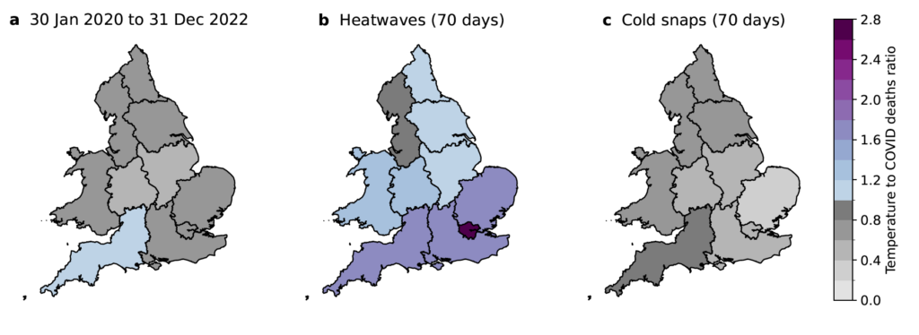 Ratio of temperature-related deaths to deaths due to Covid over the study period (left), heatwave period (middle) and cold period (right). Source: Lo et al (2024).
