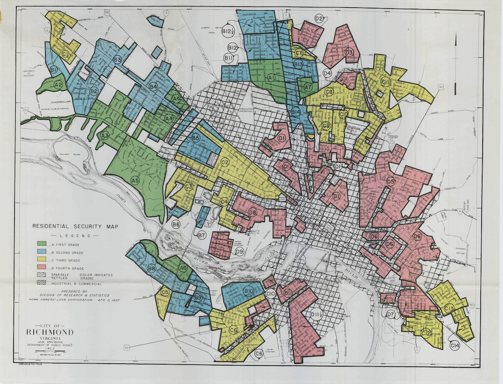 Gradation of neighbourhoods on the basis of "risk" in the city of Richmond, Virginia, in 1923, with the lowest grade shown in red.