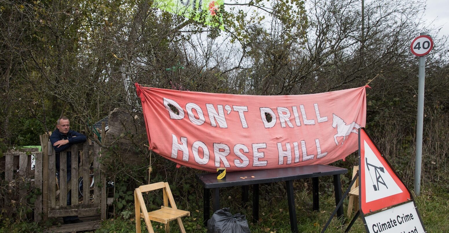 An environmental protection camp near the planned site for new oil wells at Horse Hill in Surrey, UK.