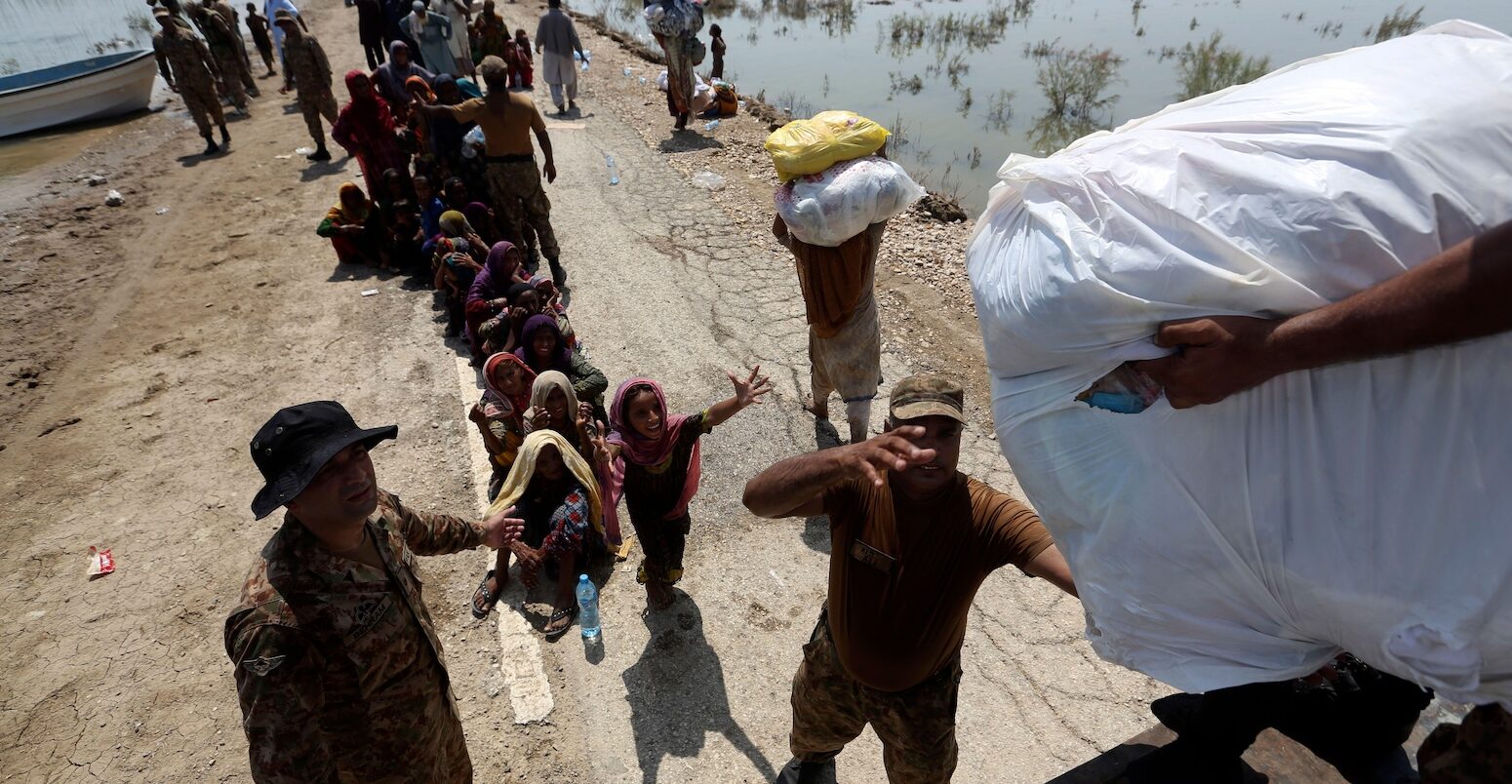 Aid distributed to flood victims in Pakistan.