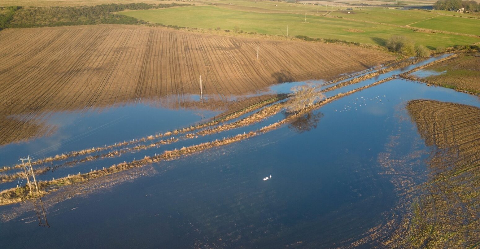 Flooded fields in Aberdeenshire, Scotland in December 2023.