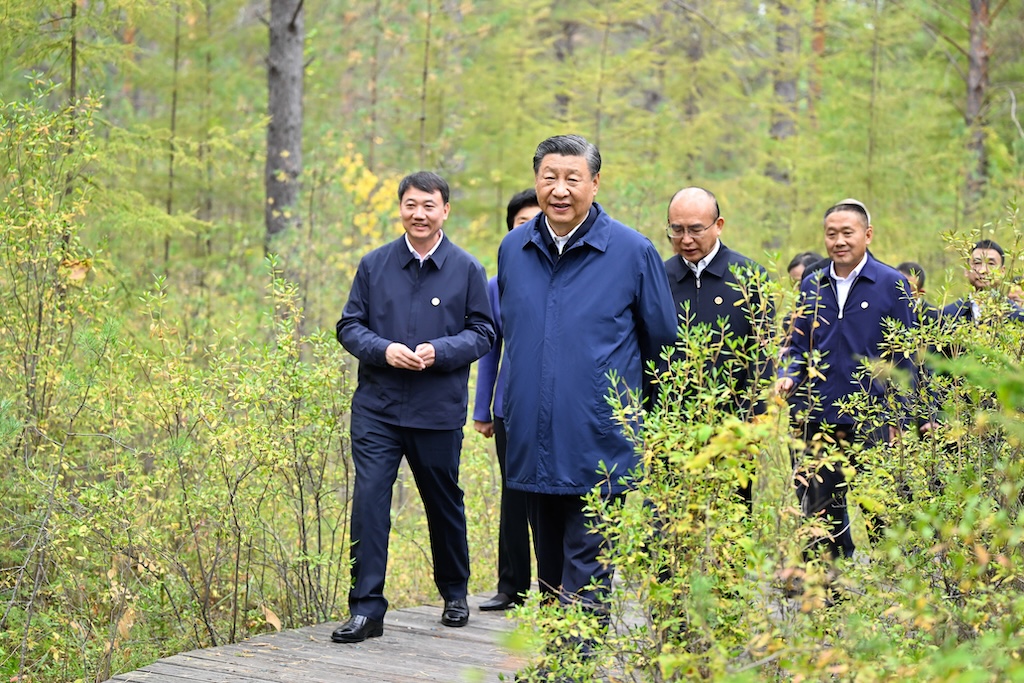 Chinese president Xi Jinping inspects a forest farm in Mohe in the Dahinggan Mountains, northeast China's Heilongjiang Province on 6 September 2023. 