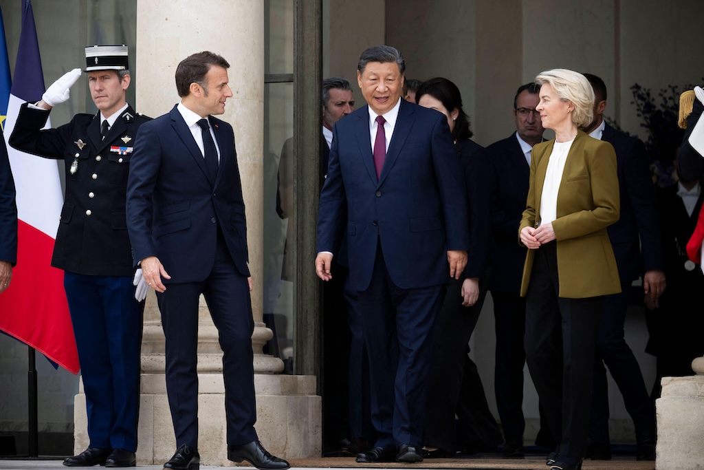 France's President Emmanuel Macron, Chinese President Xi Jinping and European Commission President Ursula von der Leyen at the Elysee Palace in Paris, on 6 May 2024.