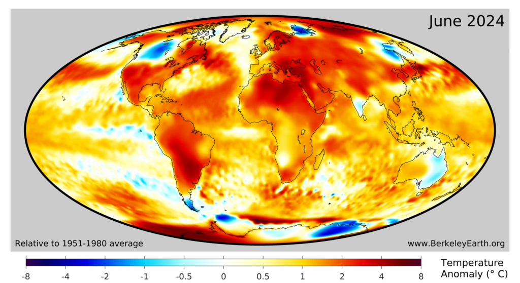 Global surface temperature anomalies for June 2024 compared to a 1951-80 baseline period.