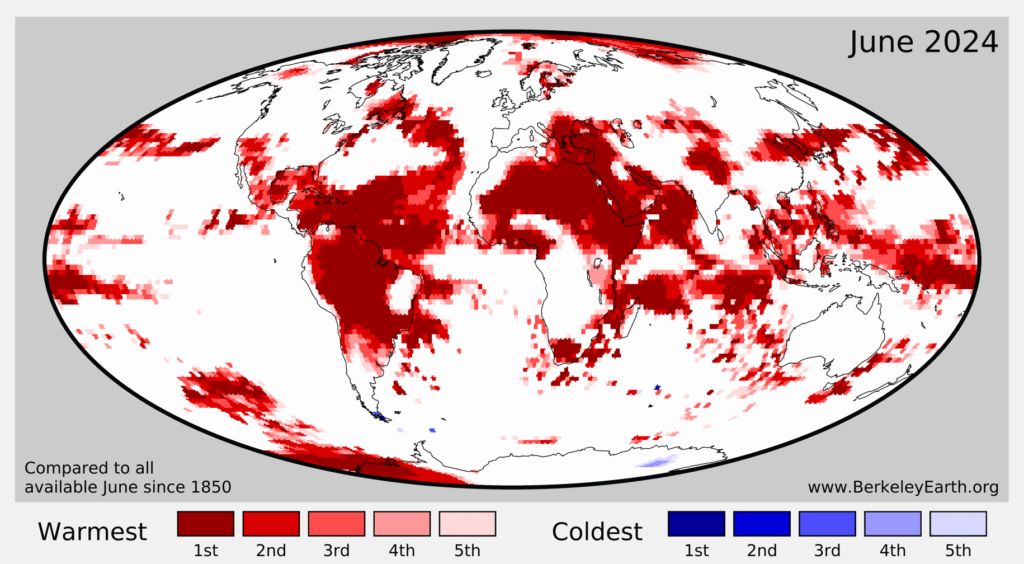 Locations setting record warm temperatures in June 2024 based on data back to 1850. Figure from Berkeley Earth