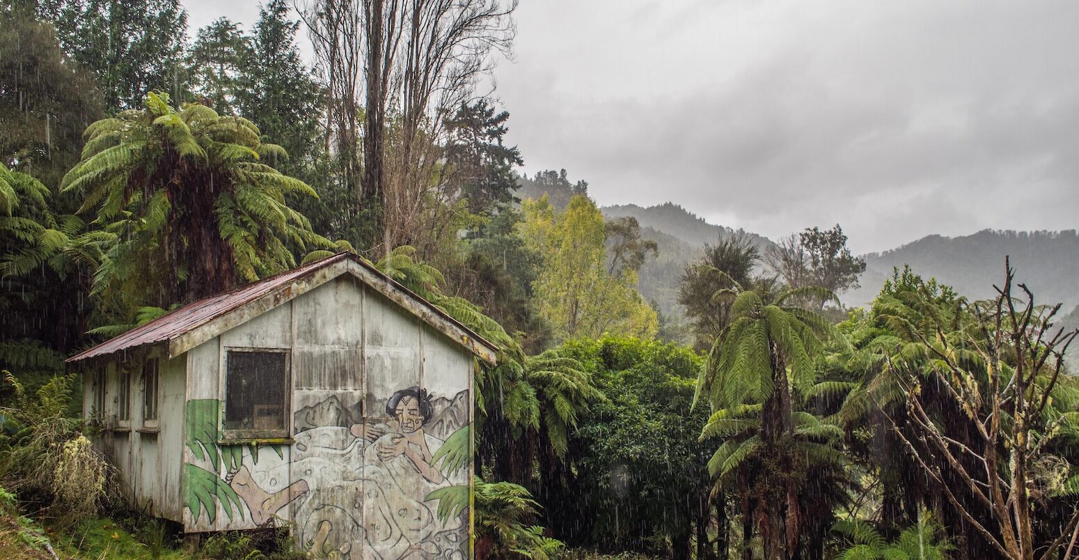 Shed painted with mural of a Maori legend, North Island, New Zealand.