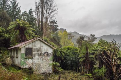 Shed painted with mural of a Maori legend, North Island, New Zealand.