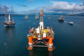 North Sea Oil and gas industry platforms and drilling rigs, Scotland, UK.