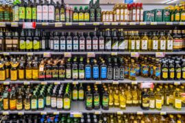 Olive oil shelves at a supermarket.