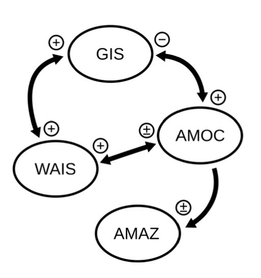 Interactions between the Greenland ice sheet collapse, west Antarctic ice sheet collapse, AMOC shutdown and Amazon dieback.