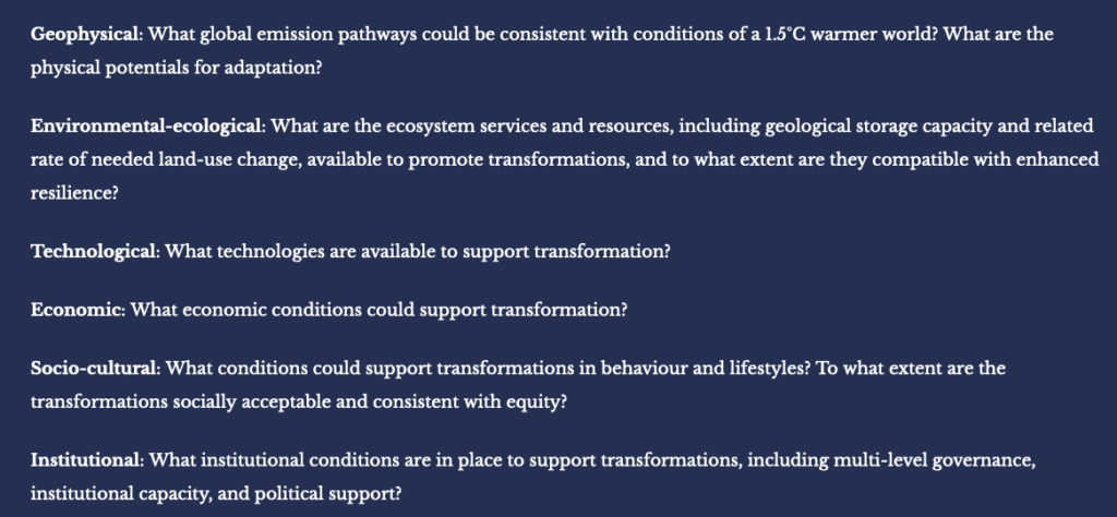 The six components of feasibility that could inhibit the world’s ability to limit warming to 1.5C, according to the IPCC”s special report on 1.5C.