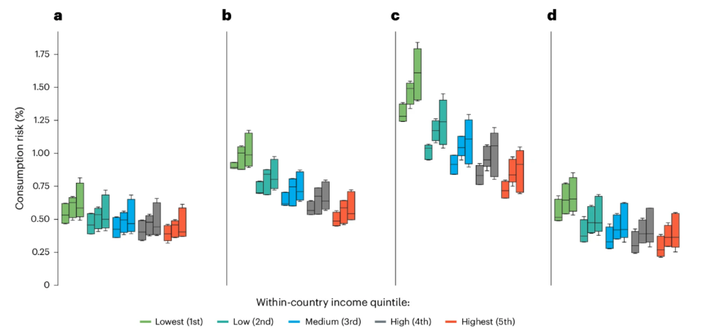 Chart showing 90th percentile consumption risk by country income level and between income quintiles within countries. From left to right, the four panels indicate low-income, lower-middle income, upper-middle income and high income countries. Each colour indicates a different segment of the country’s population, divided by income. Light green, dark green, blue, grey and red indicate income quintiles, from lowest to highest. In each panel, there are three columns of each colour. From left to right, the columns show the consumption risk in the past decade, present decade and near future decade. Source: Quante et al (2024).