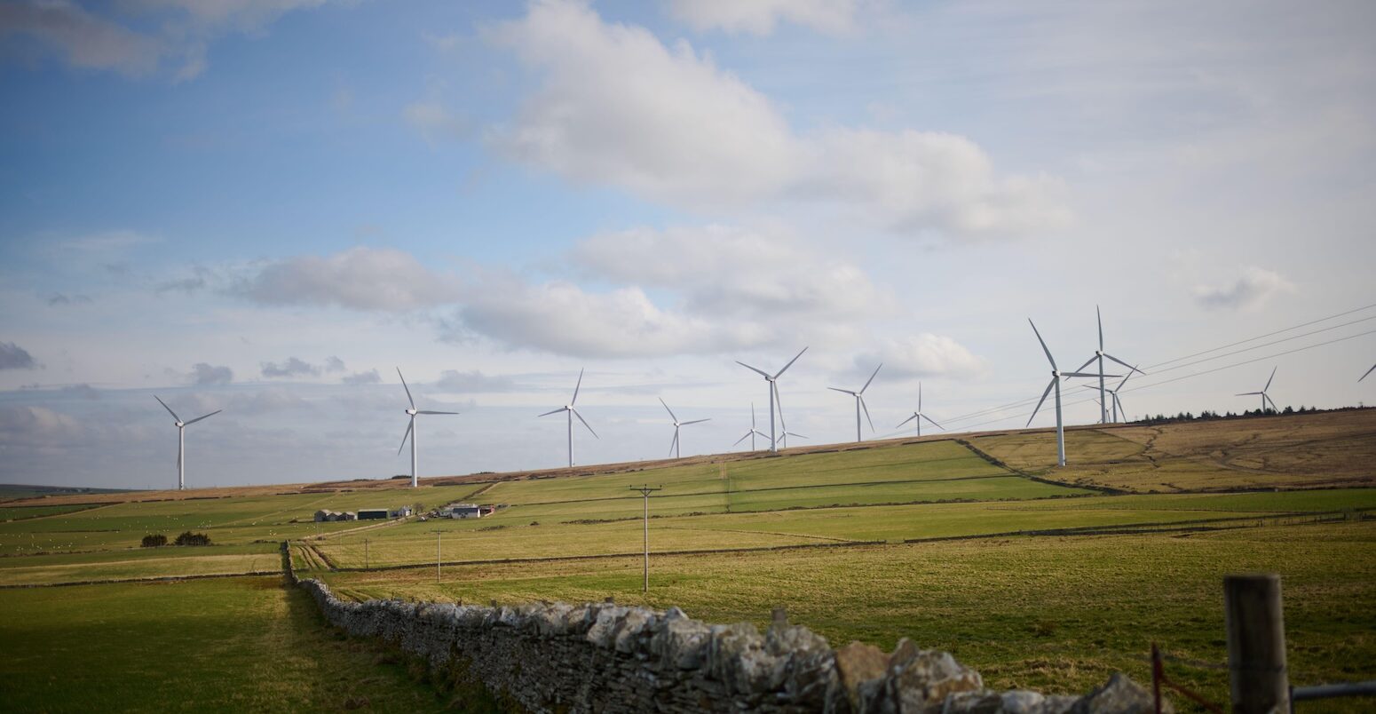 Wind Turbines on a onshore windfarm, Scotland, UK.