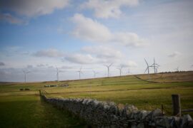 Wind Turbines on a onshore windfarm, Scotland, UK.